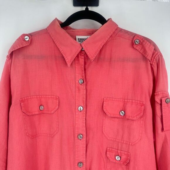 Vintage Chico’s 100% Linen Pink Bombay Button Down Shirt Size XL Roll Tab - Picture 4 of 8